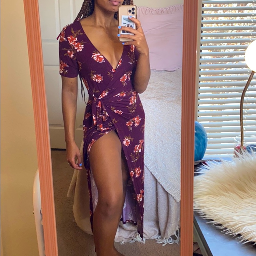 Bleuh ciel floral purple wrap maxi dress